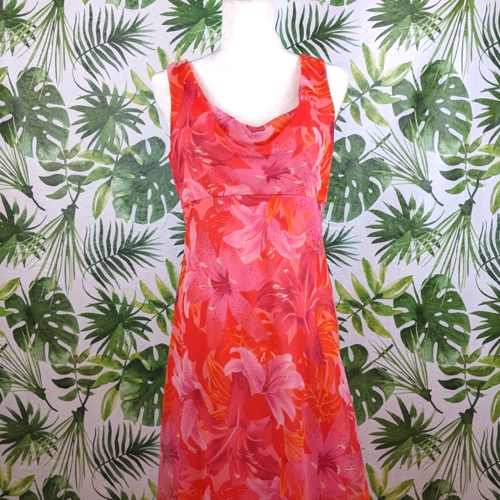 Scarlett Orange & Pink Floral Cowl Neck Midi Dress(Size: 8)